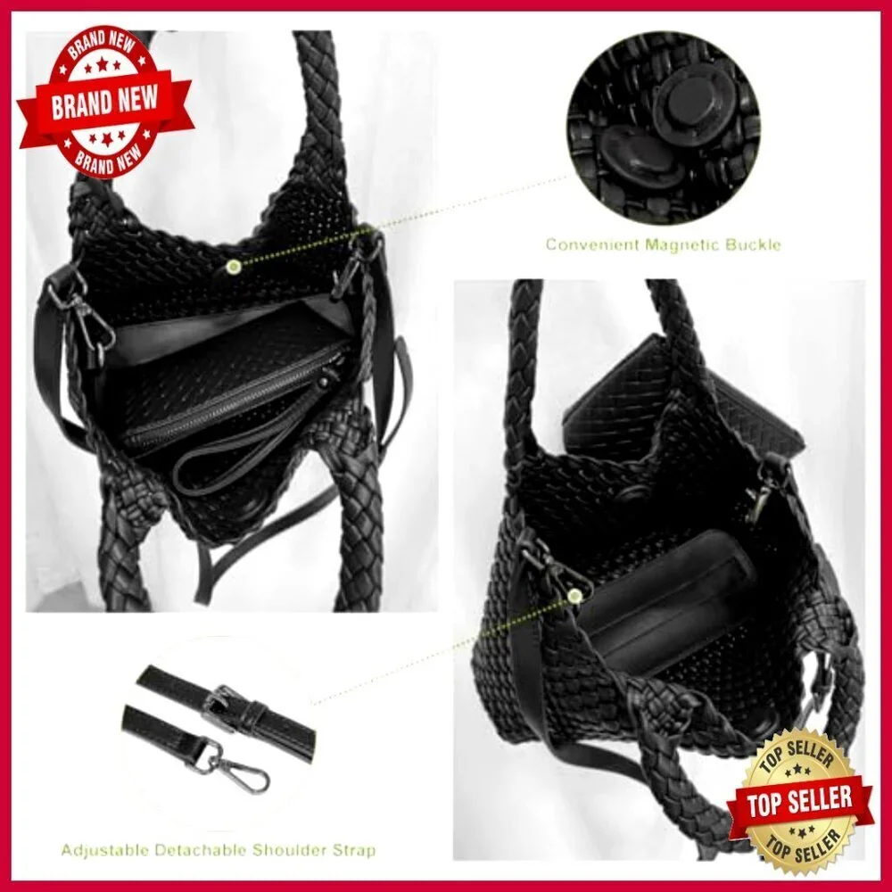 Leather Woven Tote Bag with Clutch, Adjustable Strap, Hobo Style